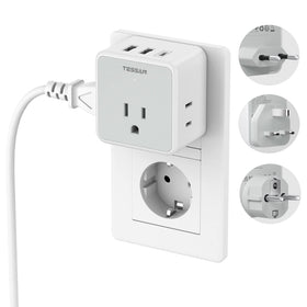 TESSAN travel plug kit showing 3 outlets for global charging flexibility.