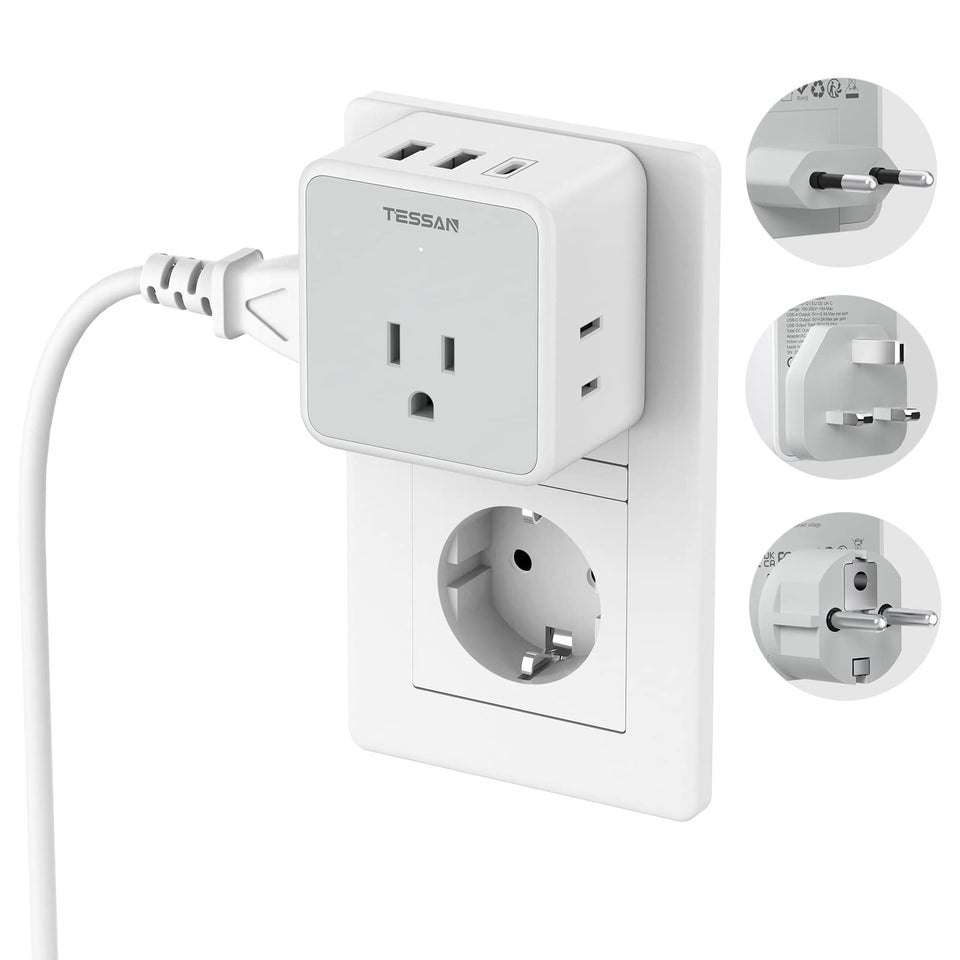 TESSAN travel plug kit showing 3 outlets for global charging flexibility.