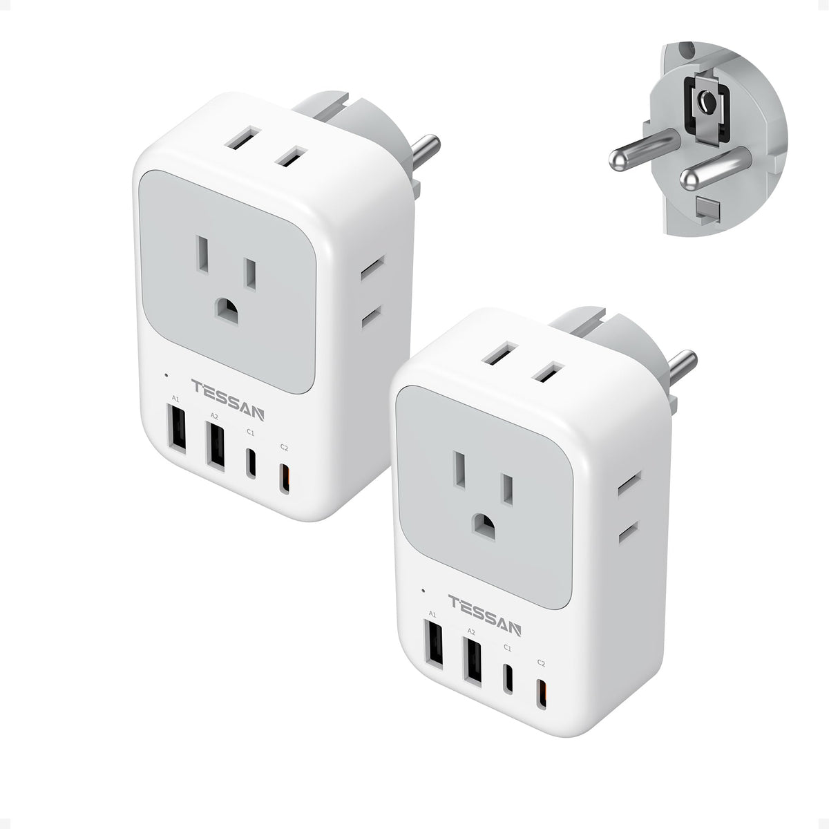 TESSAN Type F 8-in-1 Europe travel adapter with four outlets and USB charging options.