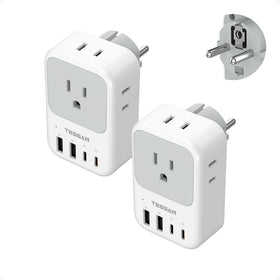 TESSAN Type F 8-in-1 Europe travel adapter with four outlets and USB charging options.