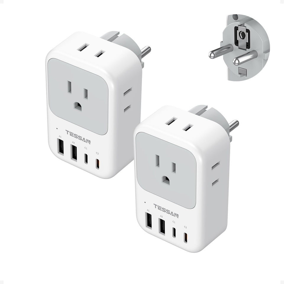 TESSAN Type F 8-in-1 Europe travel adapter with four outlets and USB charging options.