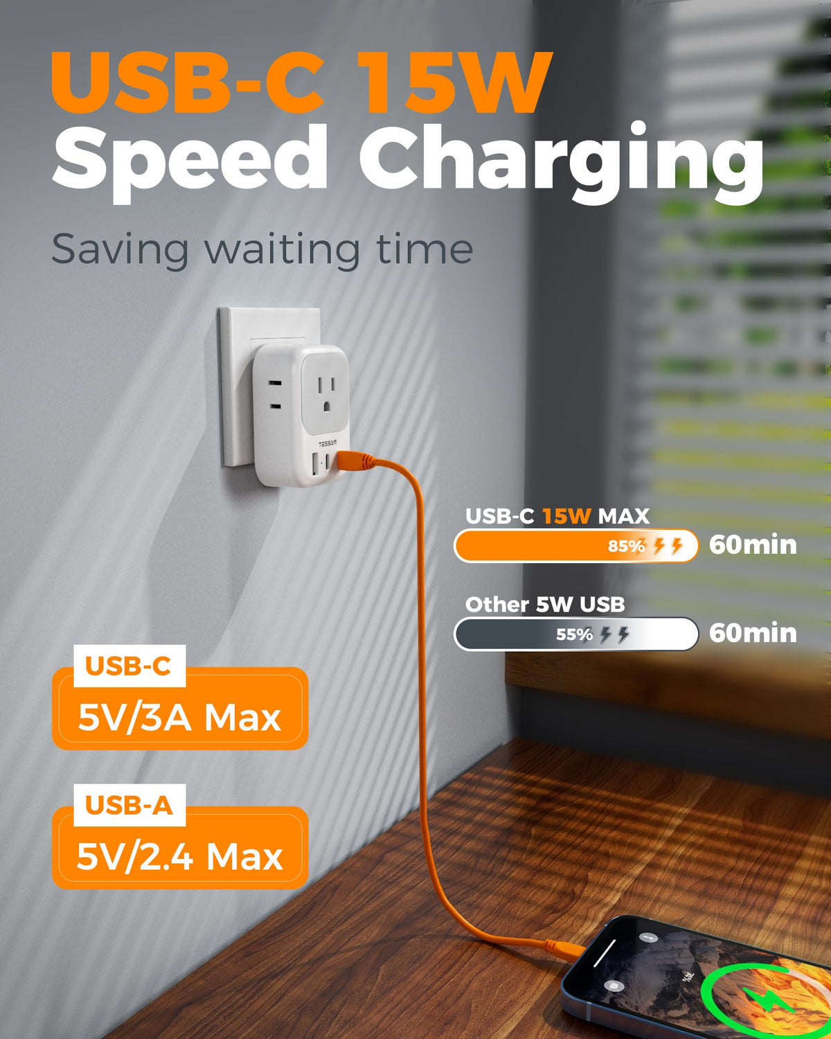 TESSAN Type F adapter with USB-A port for additional charging options