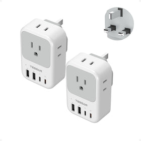 TESSAN Type G travel adapter 2-pack with UK compatibility and compact design.