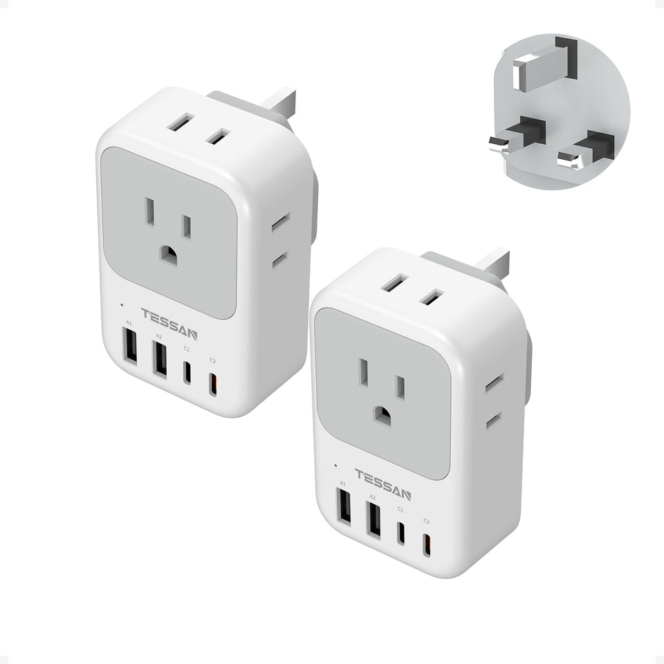 TESSAN Type G travel adapter 2-pack with UK compatibility and compact design.