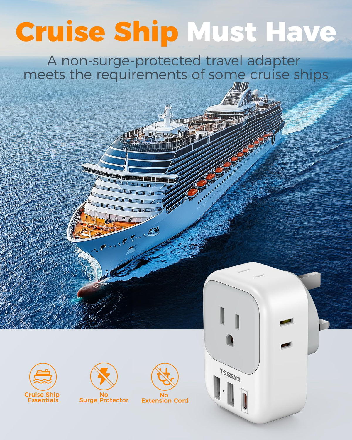 TESSAN Type G adapter note on voltage compatibility (100-250V) and device types.