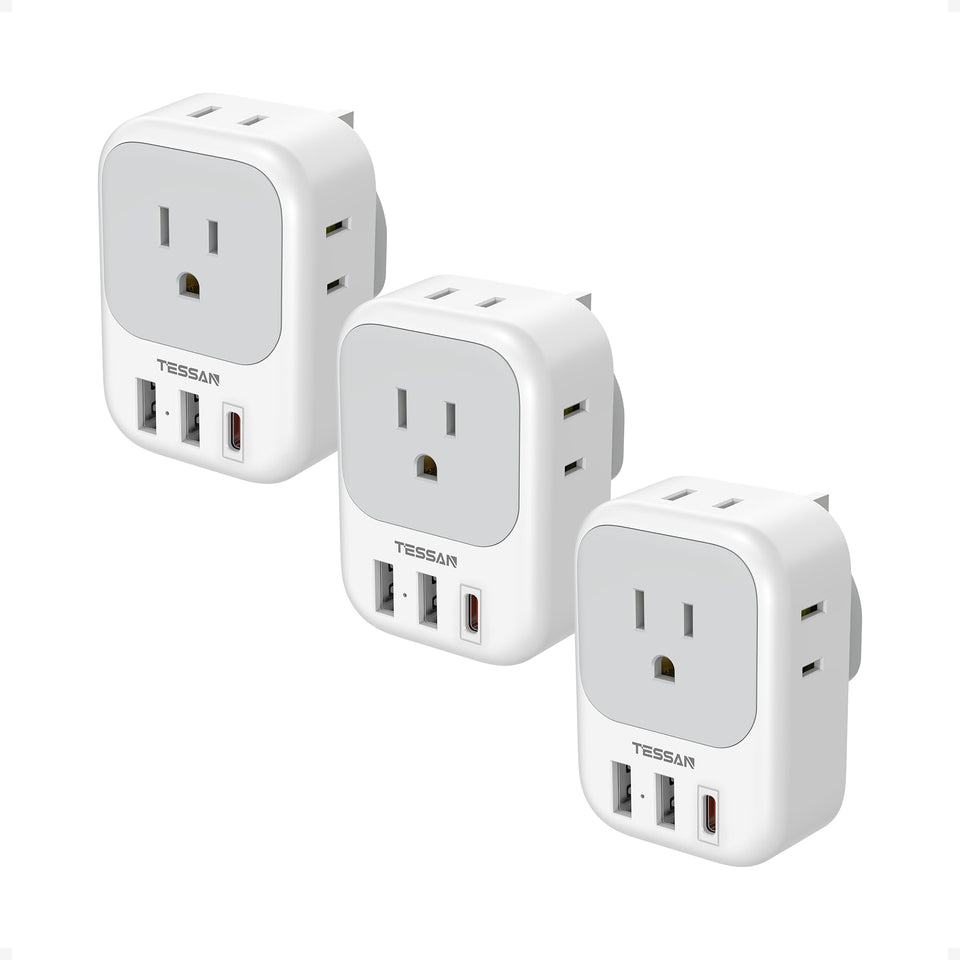 TESSAN Type G travel adapter with four outlets and three USB ports for multi-device charging.