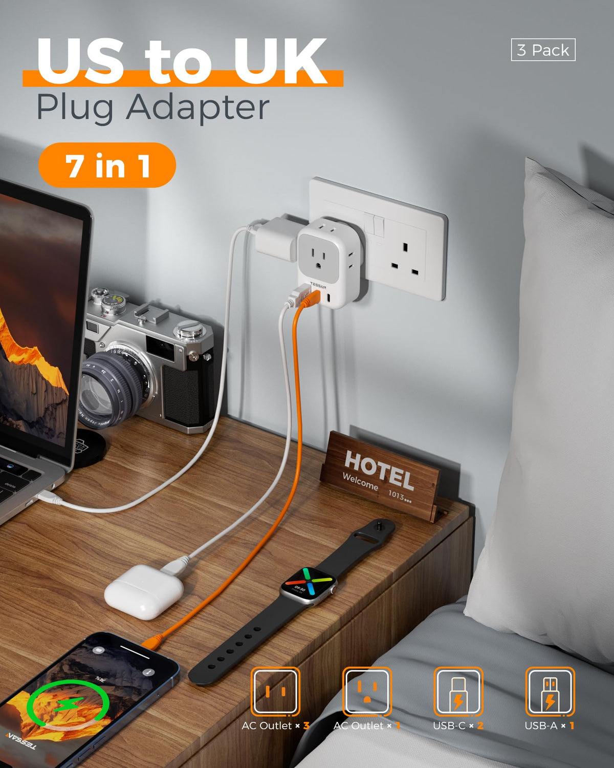 TESSAN Type G travel adapter in a compact design for easy packing