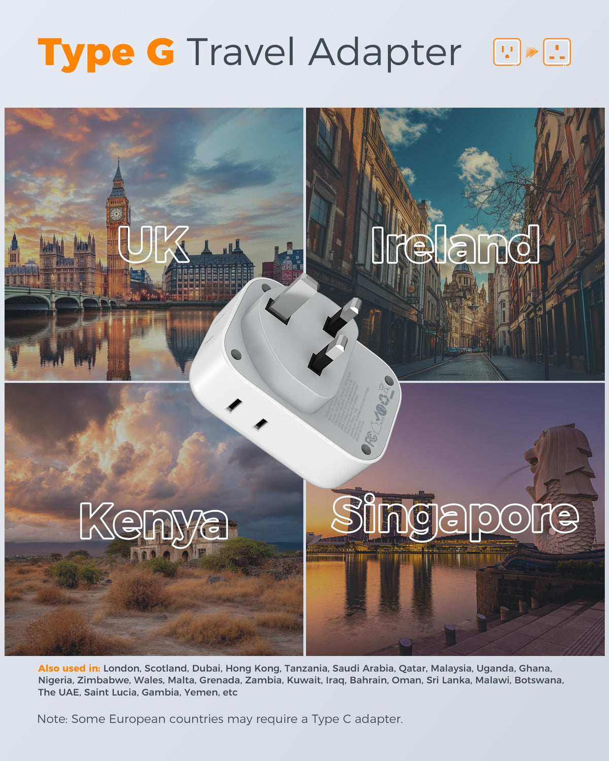 TESSAN Type G compact US-to-UK plug adapter suitable for travel.