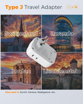 TESSAN Type J Swiss plug showing compact design ideal for hotel rooms and travel.