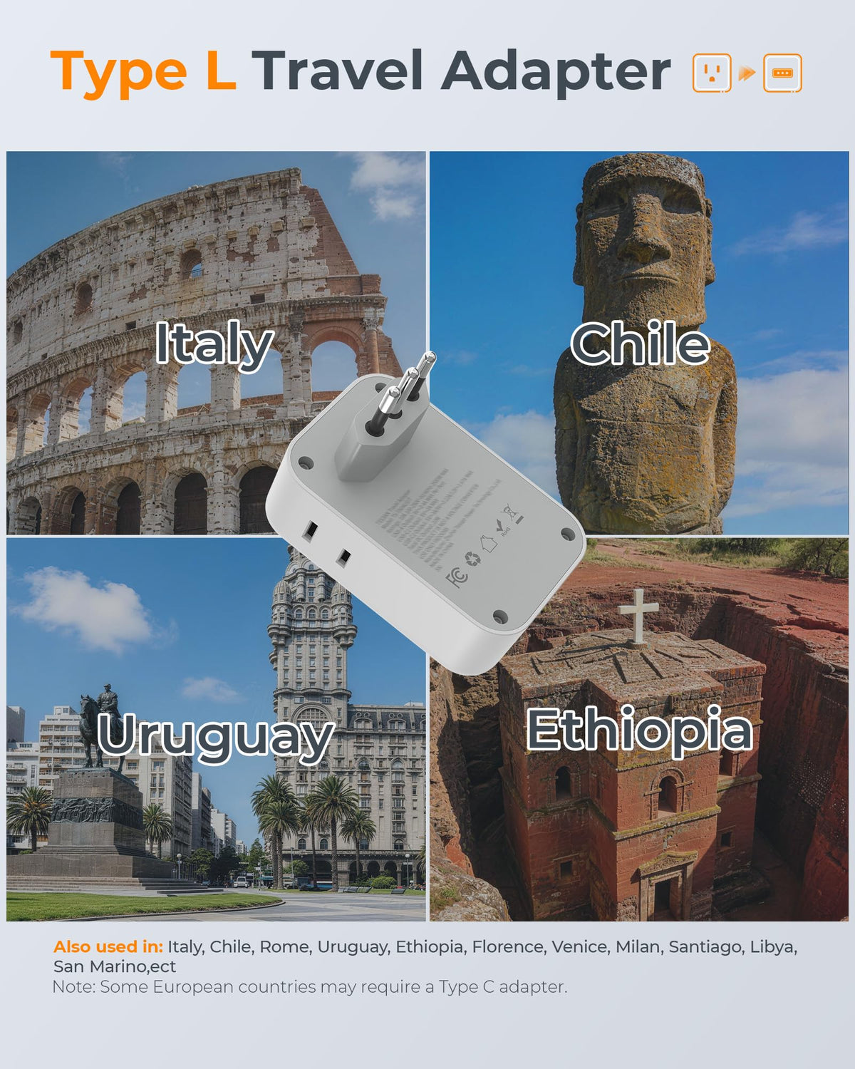 TESSAN Type L Italy adapter ready in hotel room for simple power access.