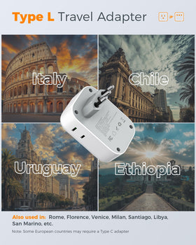 TESSAN Type L Italy adapter showing multiple ports for versatile device charging.