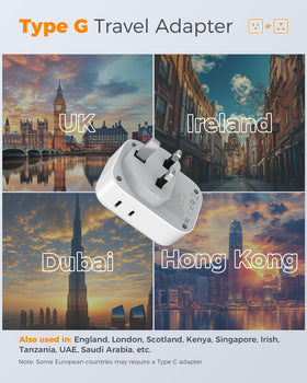TESSAN UK plug adapter showing four outlets and USB ports for efficient travel charging