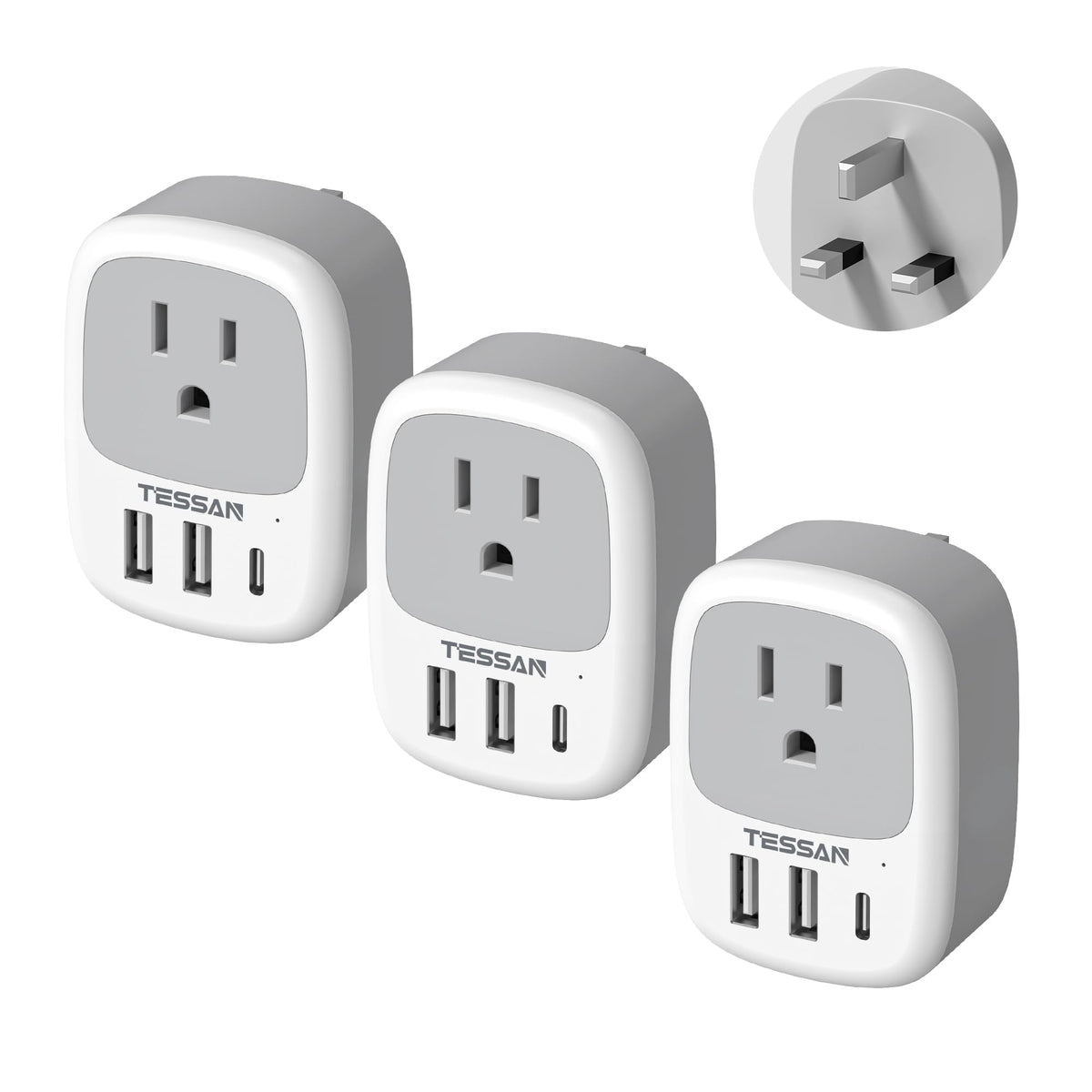 TESSAN UK travel adapter with three USB ports for global charging.