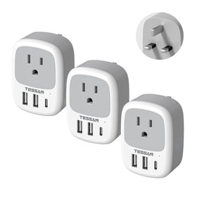 TESSAN UK travel adapter with three USB ports for global charging.