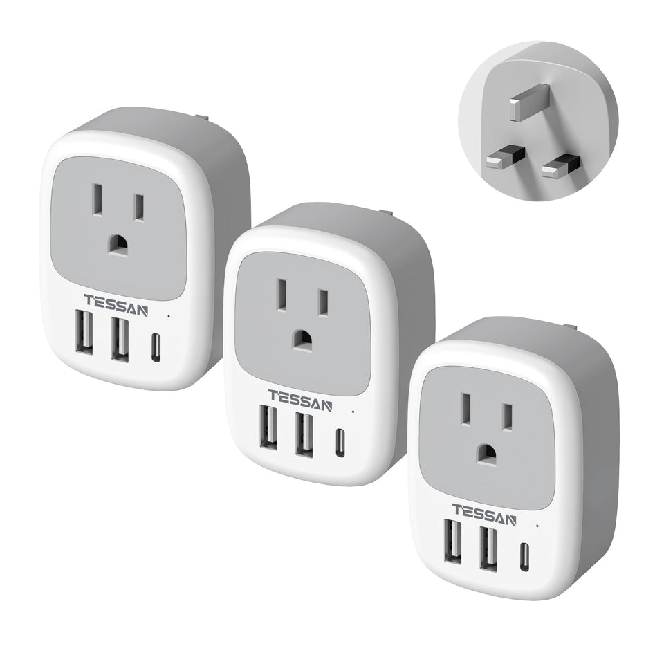 TESSAN UK travel adapter with three USB ports for global charging.