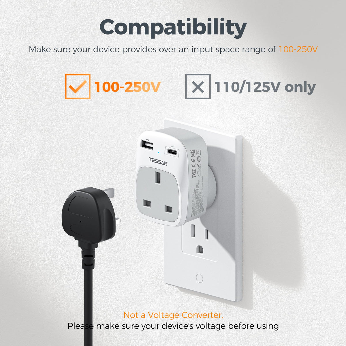 TESSAN UK to US adapter shown in front view for portability