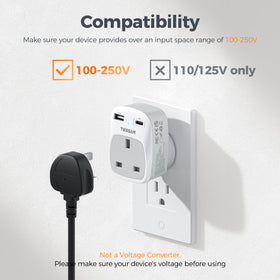 TESSAN UK to US adapter shown in front view for portability