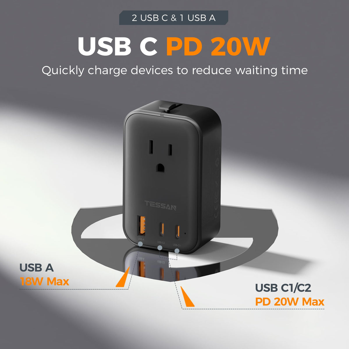 TESSAN ultra-thin travel adapter in compact form for easy packing.