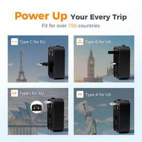 TESSAN universal plug adapter side ports with USB-C and USB-A for fast charging.