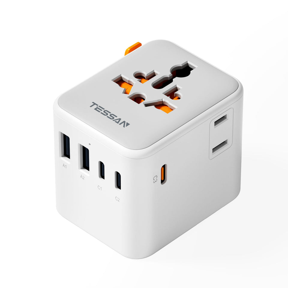 TESSAN universal travel adapter front view with dual AC outlet for global charging