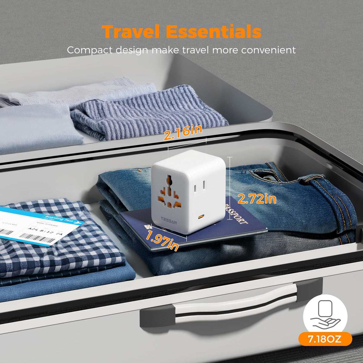 TESSAN in-use on hotel desk powering multiple devices