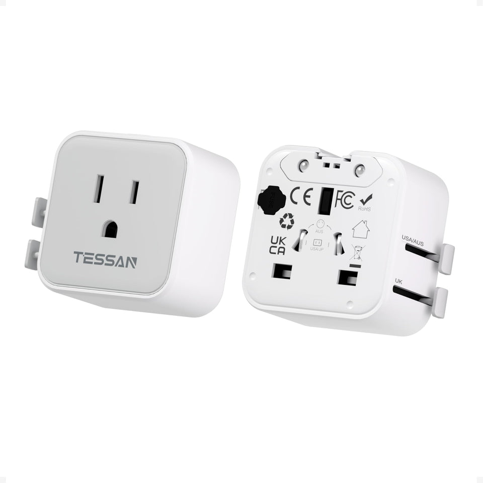 TESSAN universal travel adapter with a compact design fits easily in a pocket for on-the-go charging.