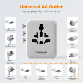TESSAN universal travel adapter compact-size resting on luggage for space-saving travel.
