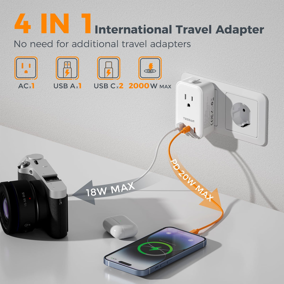 TESSAN universal travel adapter compact size fits easily in hand luggage