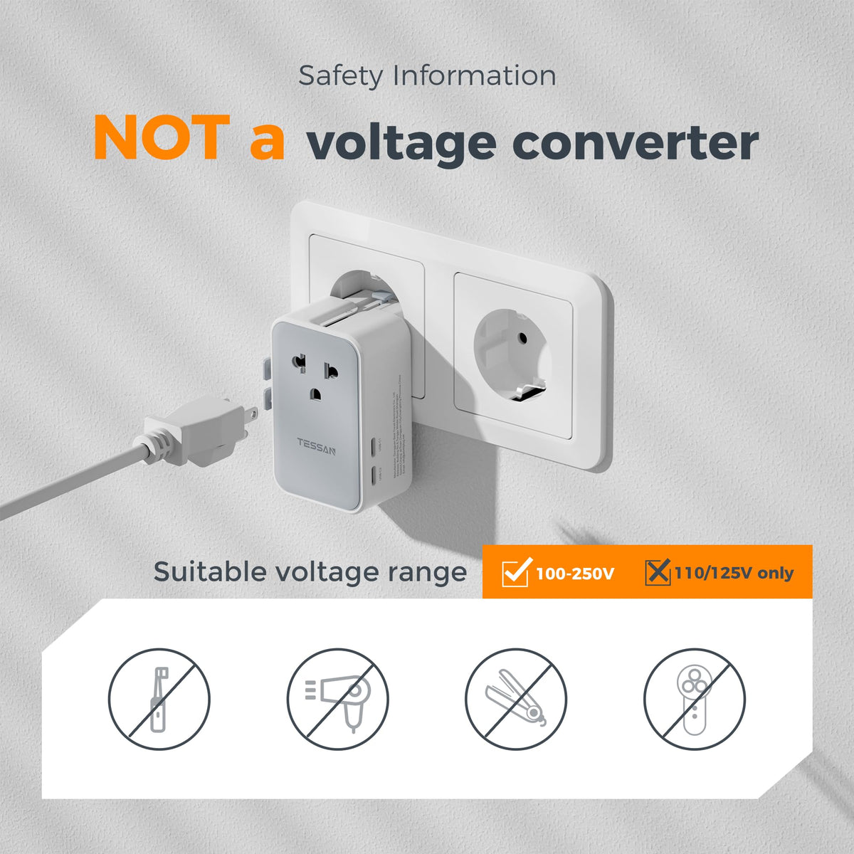 TESSAN cruise-friendly travel adapter, compact and cord-free