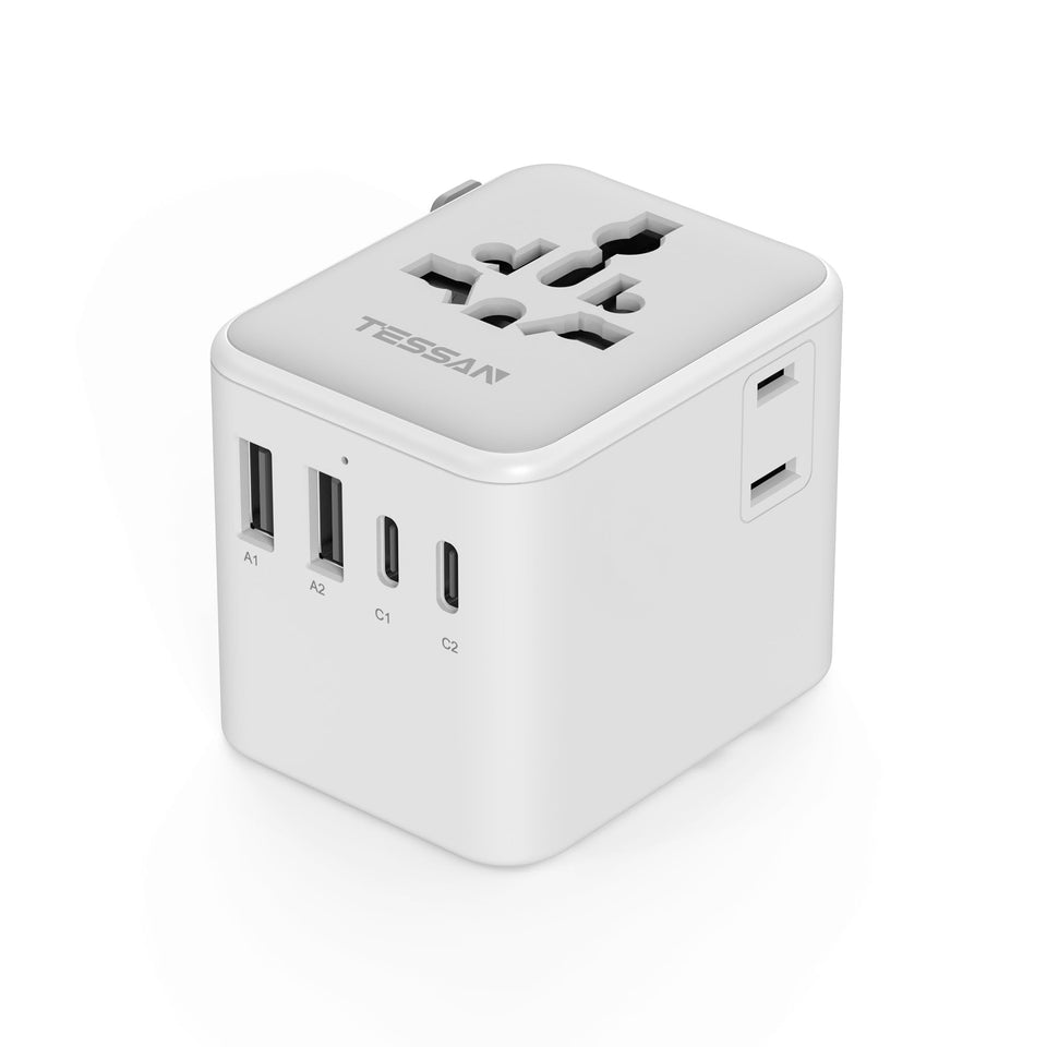 TESSAN universal travel adapter front view, compact travel-ready design ideal for global charging.