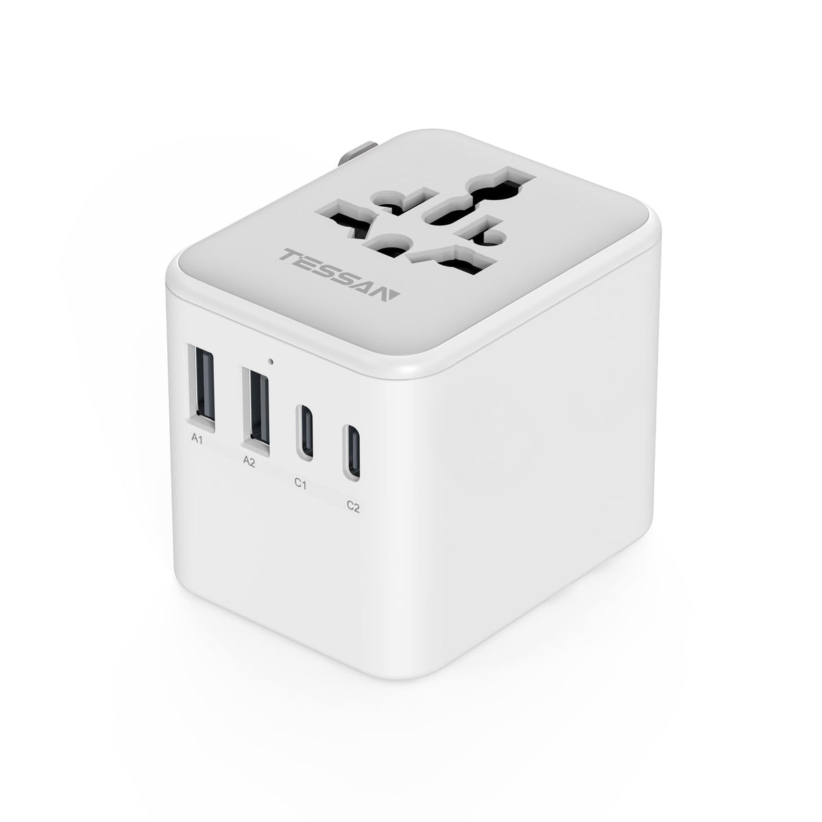 TESSAN universal travel adapter front view, compact design for easy packing.