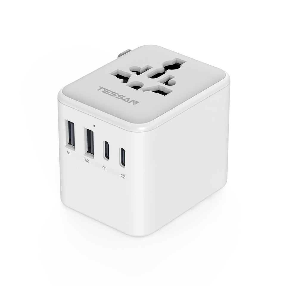 TESSAN universal travel adapter front view, compact design for easy packing.