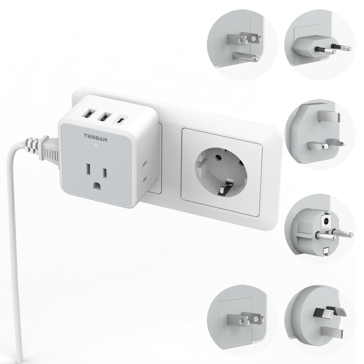 TESSAN universal travel adapter kit with six plugs for global travel.