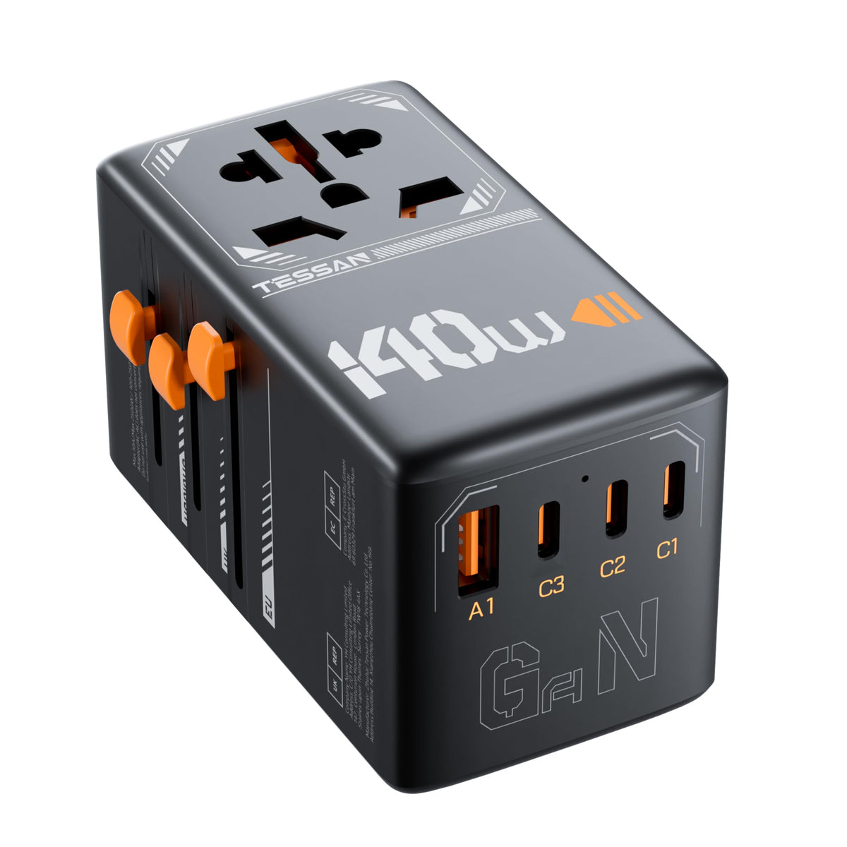 TESSAN universal travel adapter, outer front view, compact and travel-ready.