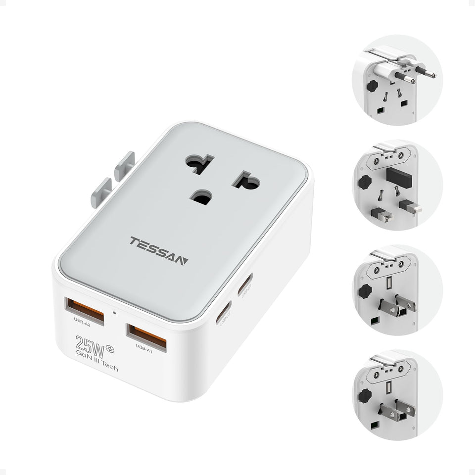 TESSAN universal travel adapter front view, compact PD 25W charger