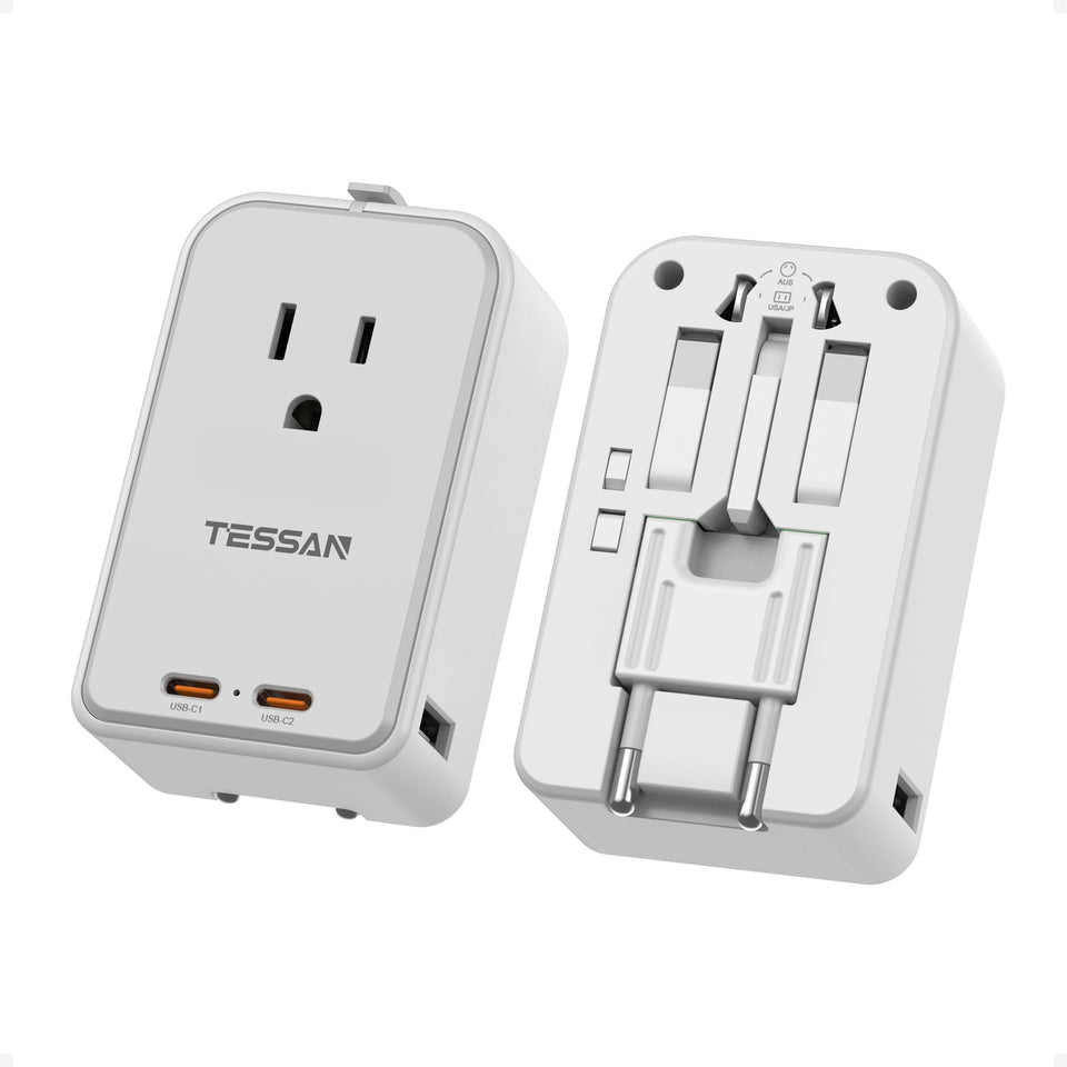 TESSAN universal travel adapter with PD 45W and multi-country sockets for fast charging on the go.