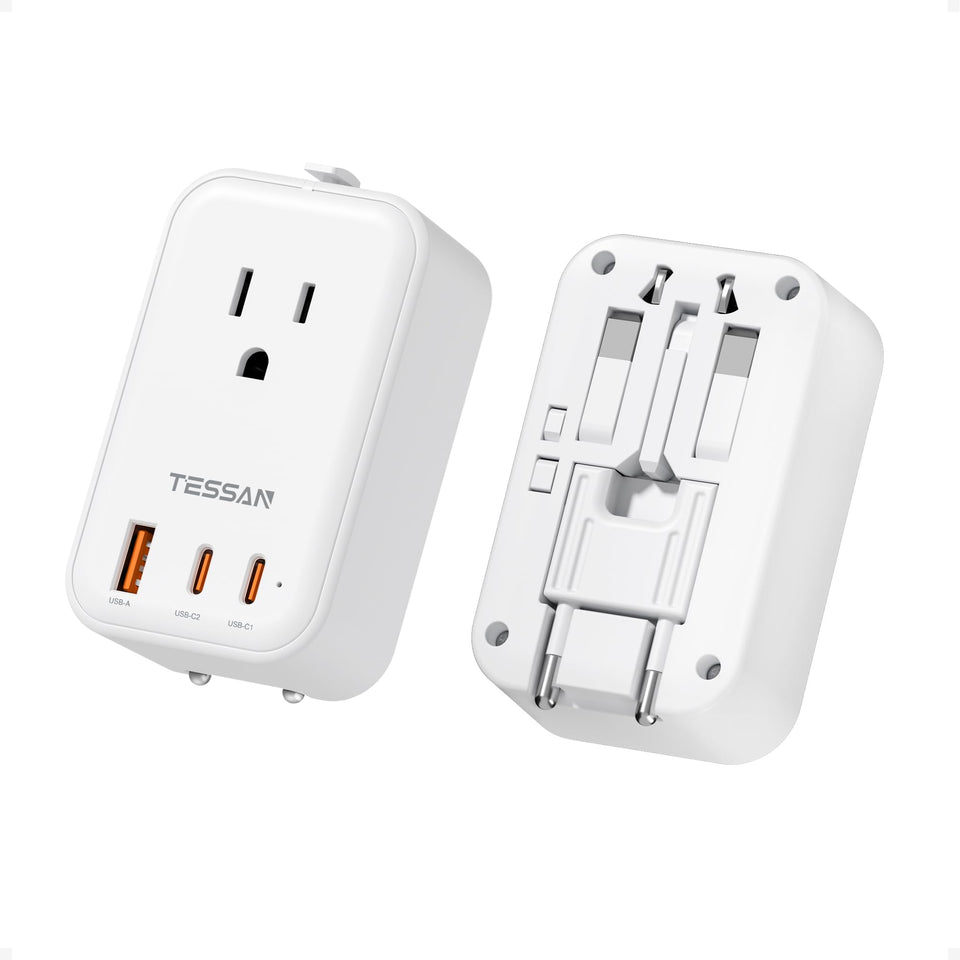 TESSAN universal travel adapter front view showing compact design for easy packing
