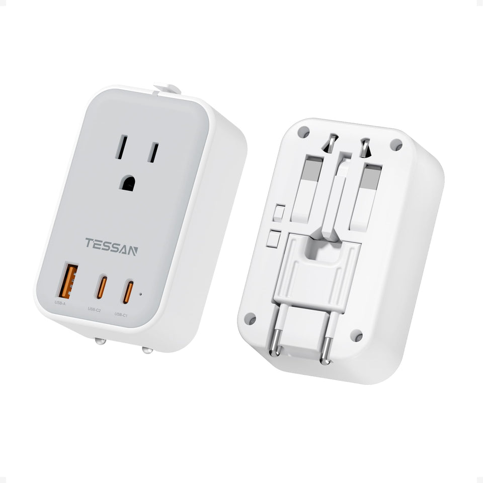 TESSAN universal travel adapter with PD 20W port for fast device charging.