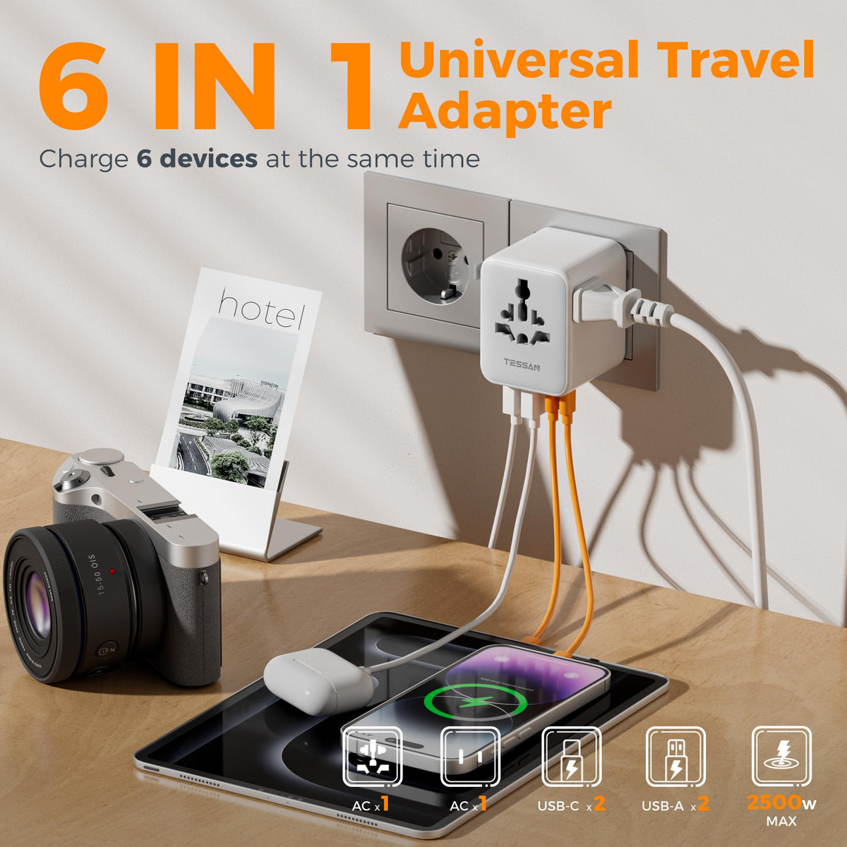 TESSAN universal travel adapter safety fuse close-up, offering built-in protection for safer charging.
