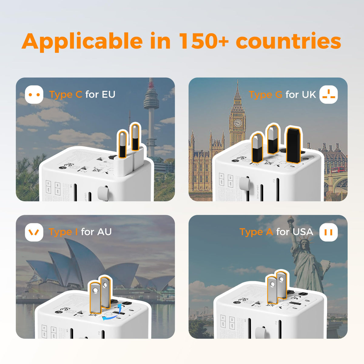 TESSAN universal travel adapter side view with two-prong outlet for US and Japan devices.