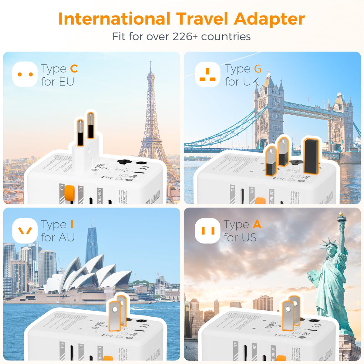 TESSAN universal travel adapter with USB-C ports enables fast charging on the go.