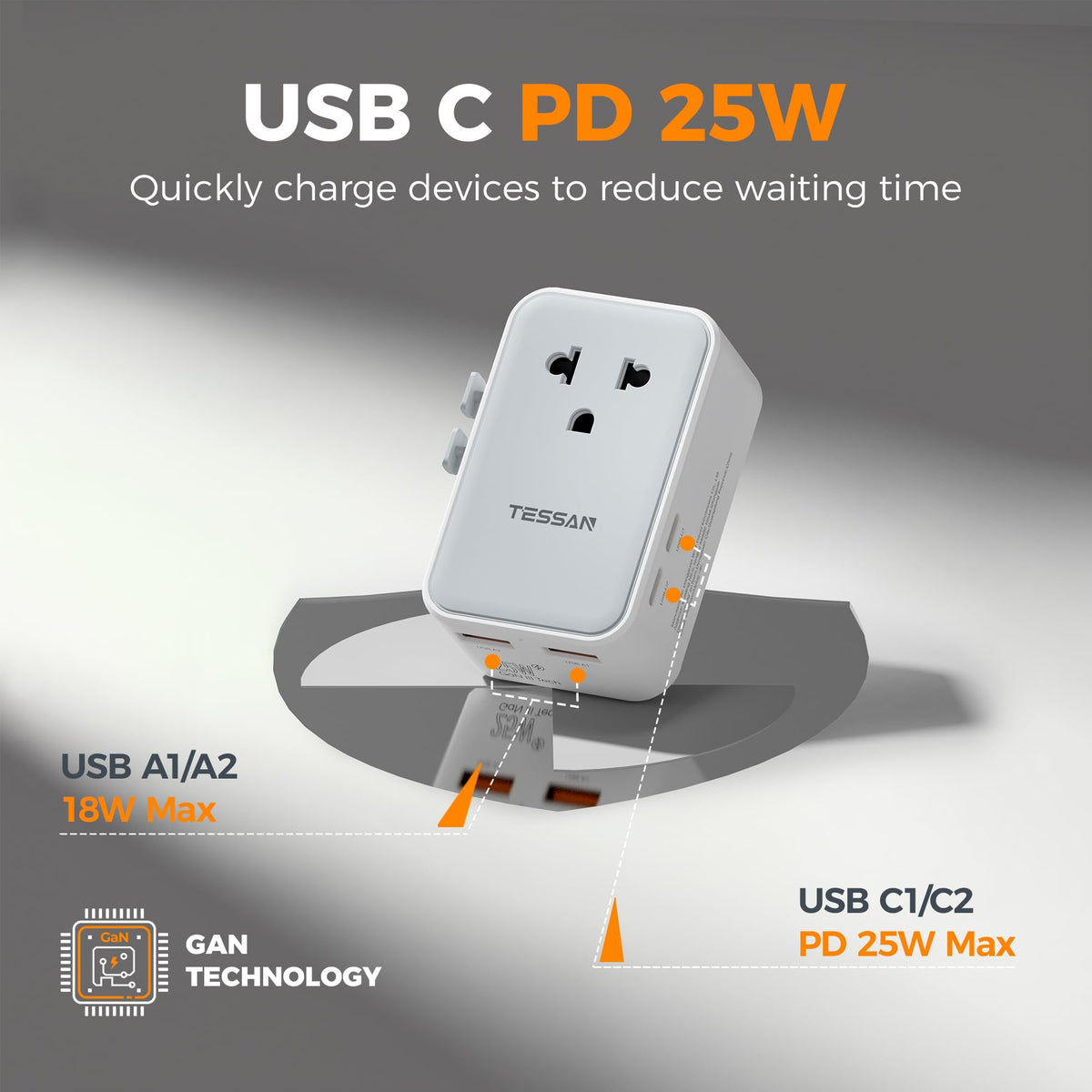 TESSAN travel adapter USB-C and USB-A ports for fast on-the-go charging