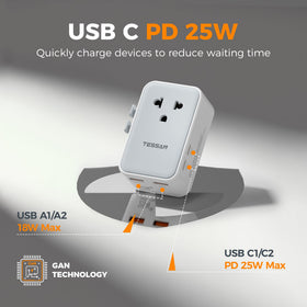 TESSAN travel adapter USB-C and USB-A ports for fast on-the-go charging