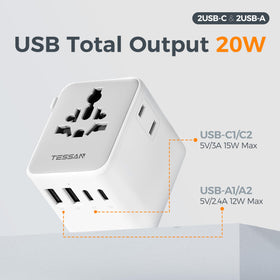TESSAN universal travel adapter USB ports close-up, featuring USB-C and USB-A for multiple devices.