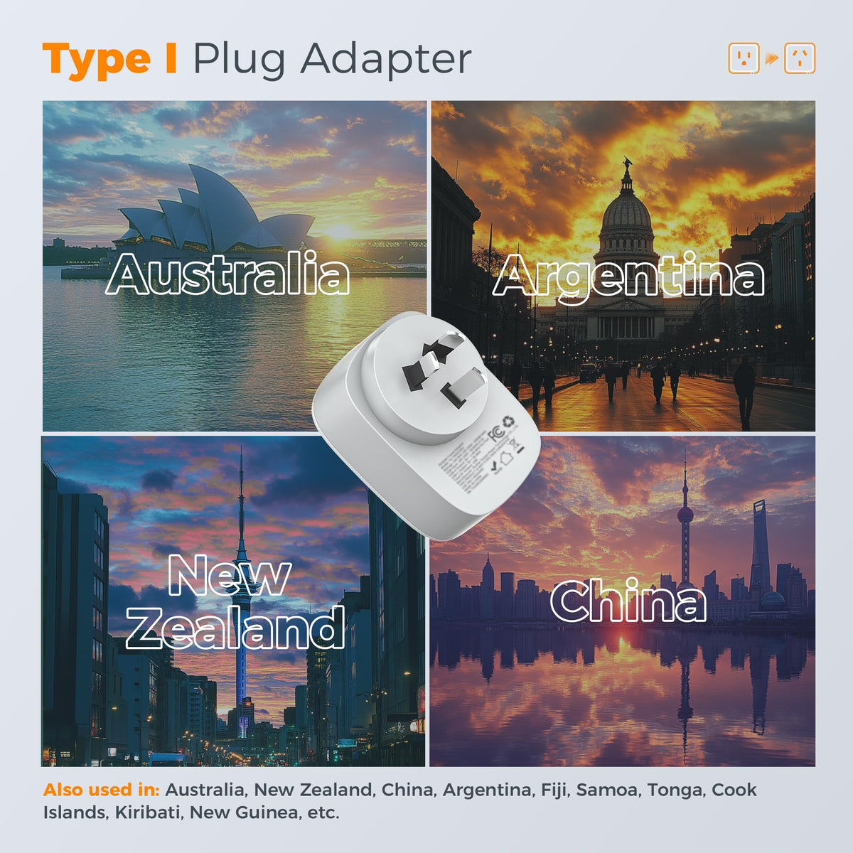 TESSAN US to Australia plug adapter showing USB-A and USB-C charging options