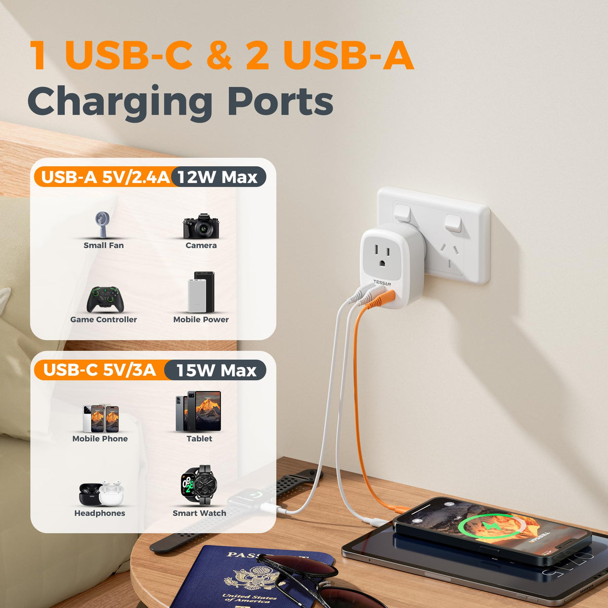 TESSAN US-to-China socket adapter with USB ports for on-the-go charging