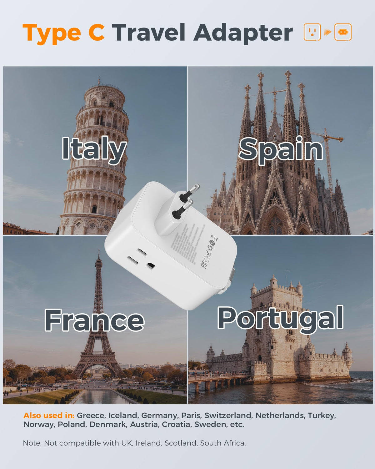 TESSAN 7-in-1 US-to-Europe plug adapter in use for multiple devices.