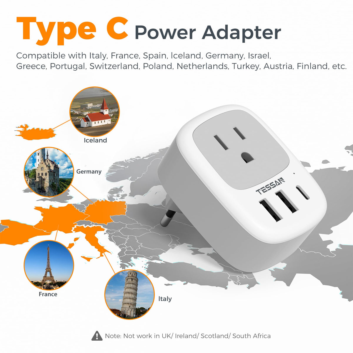 US to Europe plug adapter with USB-C and USB-A charging on the go
