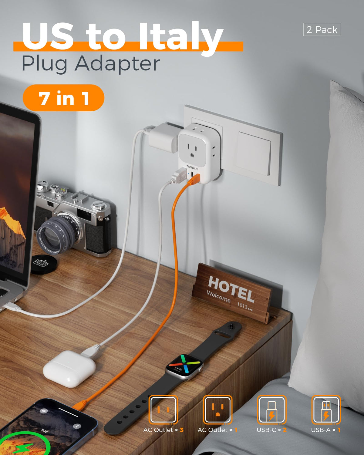 TESSAN US-to-Italy adapter enables USB-C and USB-A charging on trips.