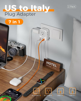 TESSAN US-to-Italy adapter enables USB-C and USB-A charging on trips.